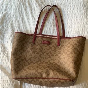 Authentic Coach logo tote with red handle